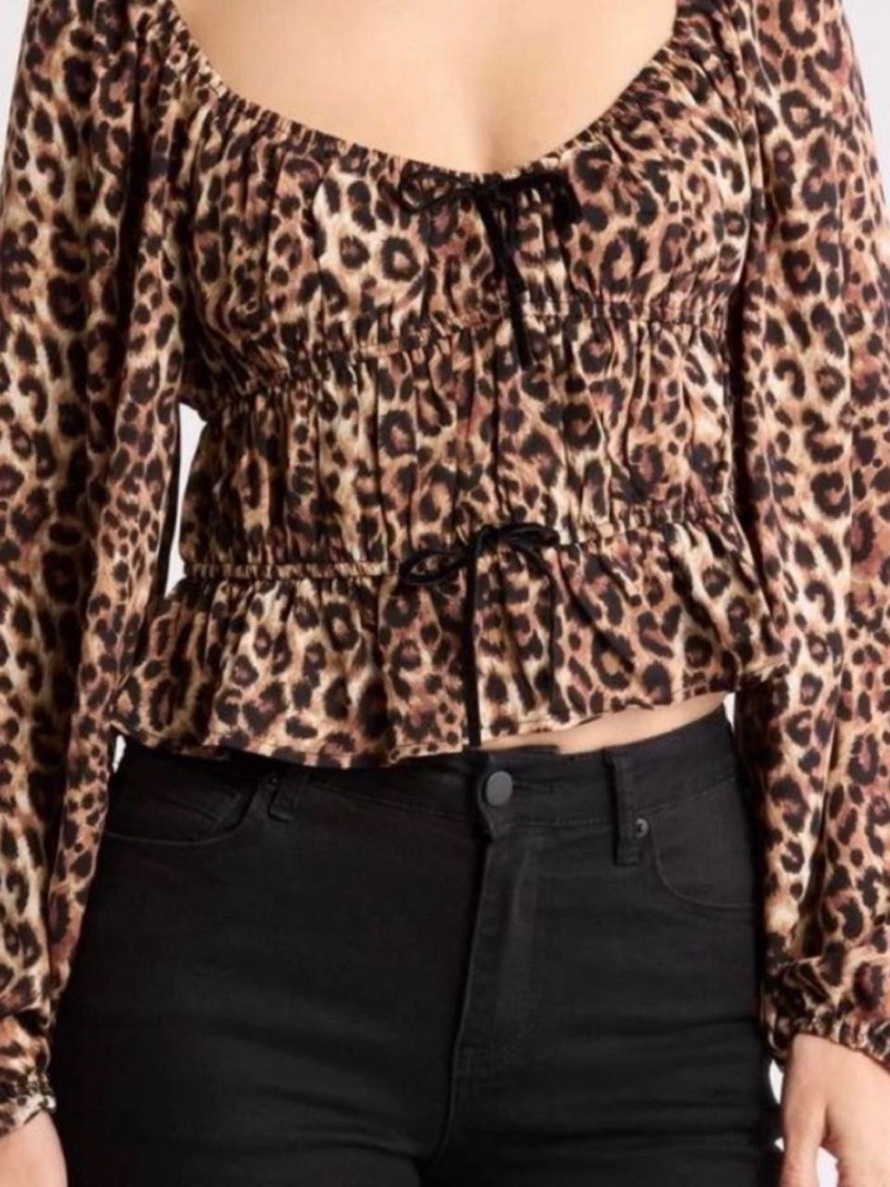 WAYF Leopard Print Bow Detail Long-Sleeve Peplum Top - Brown Size S coquette